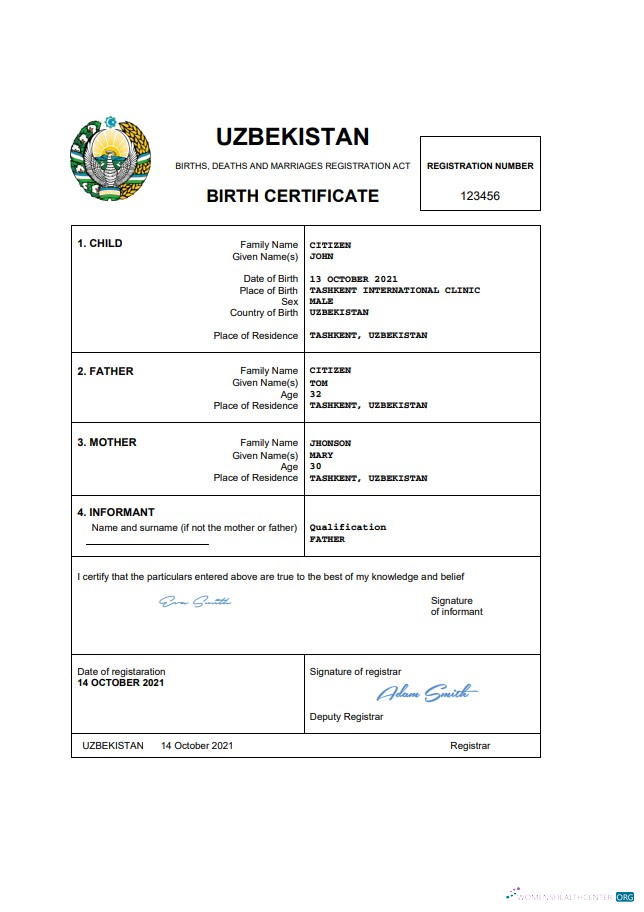 Download Uzbekistan vital record birth certificate Word and PDF template Photoshop template
